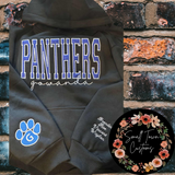 Hoodie with 'PANTHERS' text and paw print design on a brick wall background